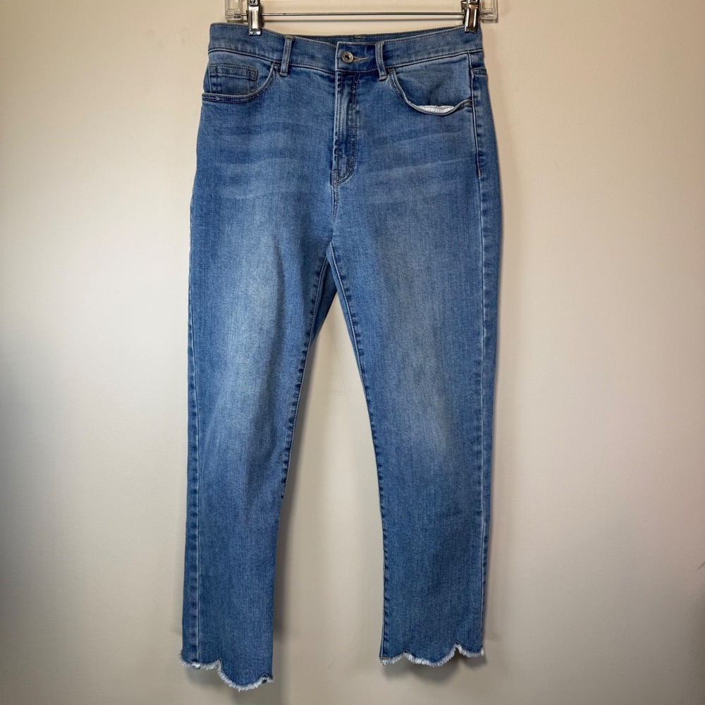Excellent‎ J.McLaughlin Slim Jeans Womens 4 Blue Scalloped Raw Hem High Feminine